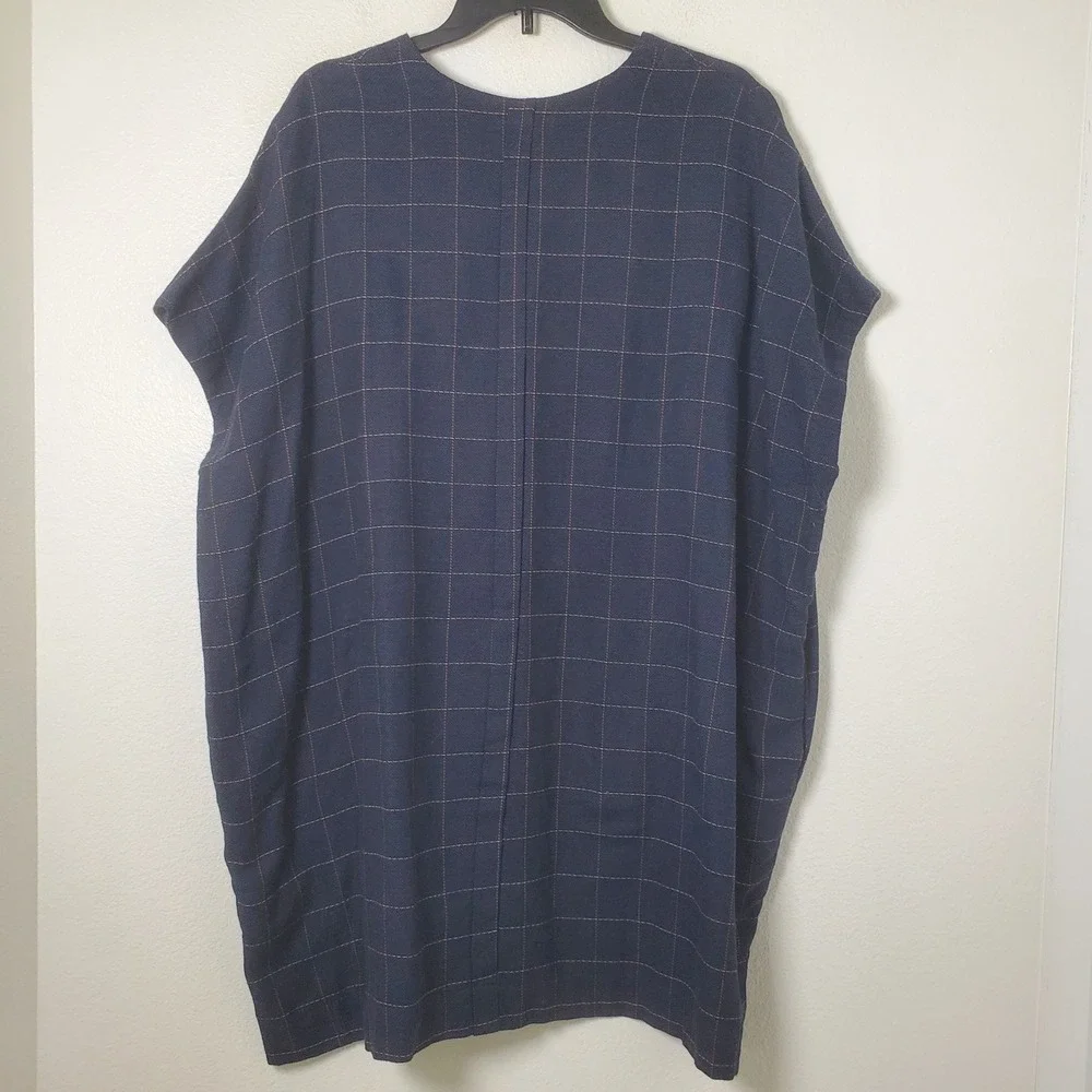 SBJ Austin Mary Dress Tunic Navy Blue Plaid Cotton Oversized Square V-Neck OS‎